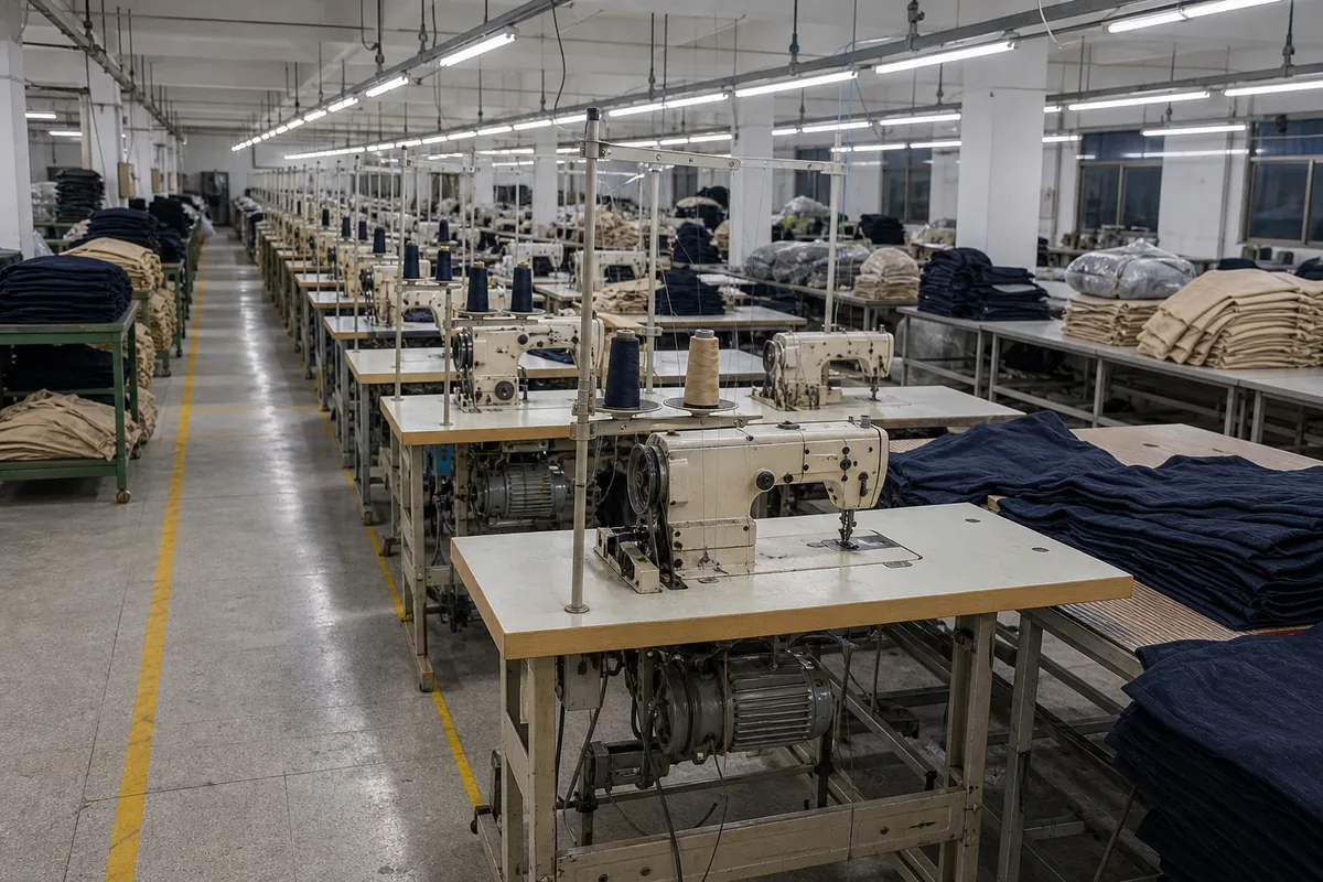 Rows of industrial sewing machines on a garment factory floor