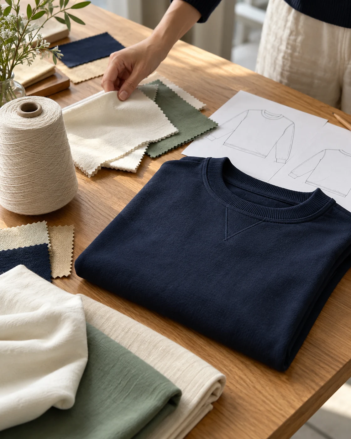 Knitwear samples and fabric swatches on a development table