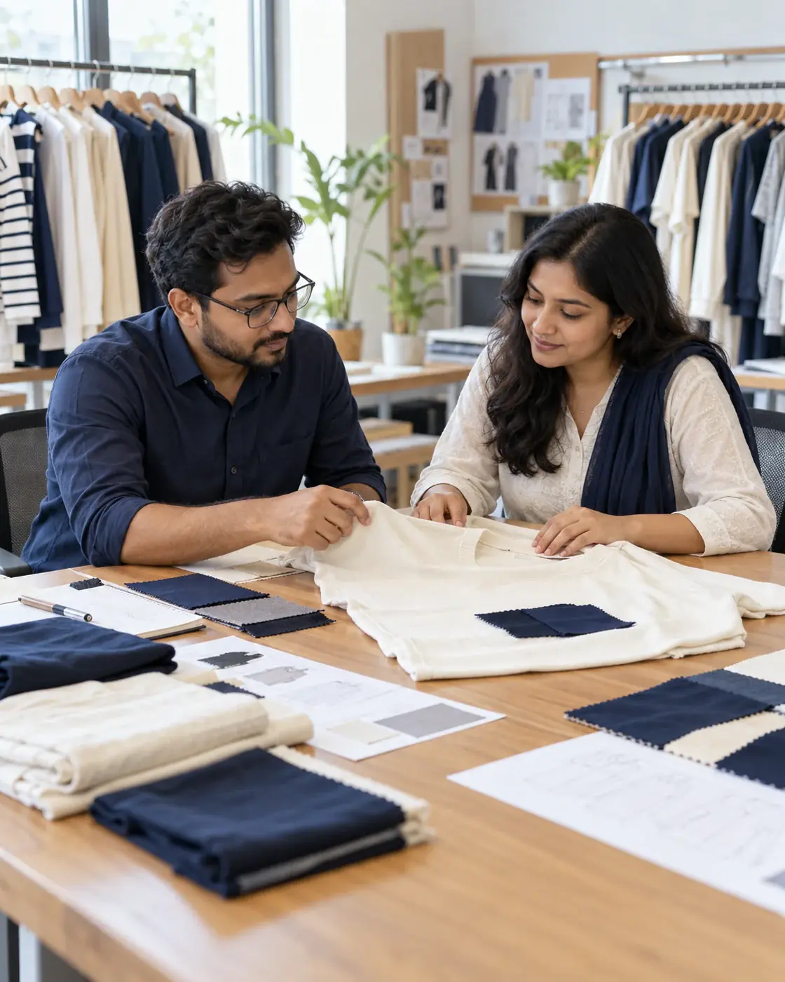 Apparel sourcing professionals reviewing knitwear samples