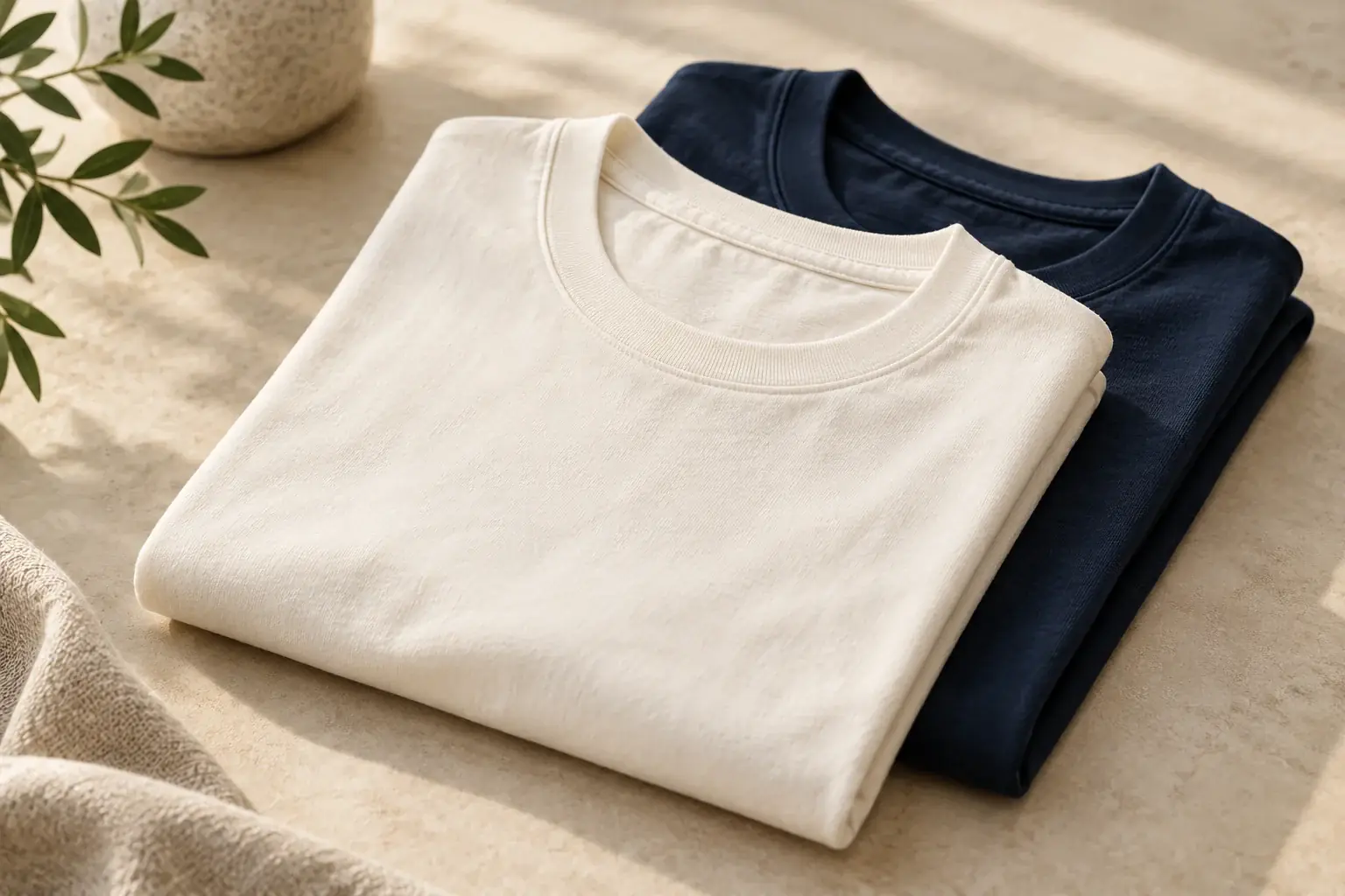Folded t-shirts in white and navy